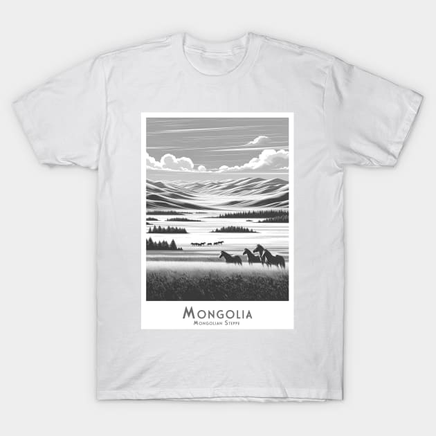 Serene Mongolian Steppes - Horses in Mongolia - black and white T-Shirt by POD24